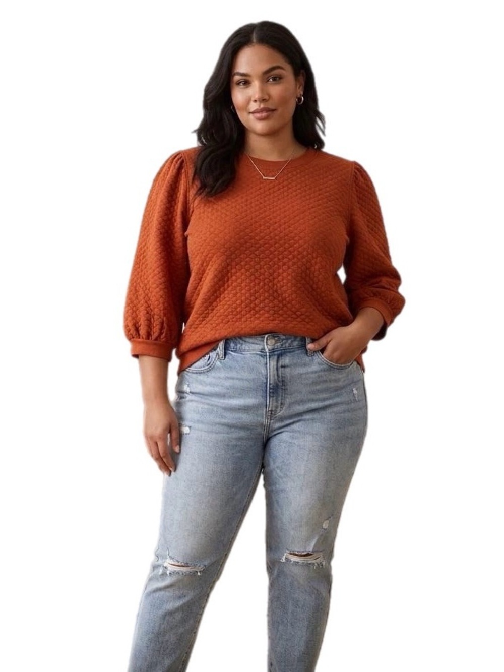 Time and Tru Rust Puff-Sleeve Textured Crewneck Top Size XL